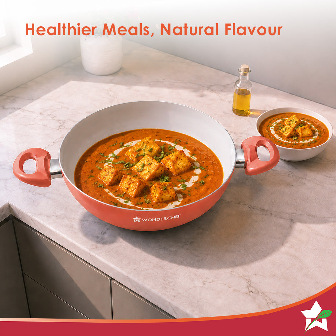 Wonderchef Natura Ceramic Kadhai & Glass Lid for Cooking, 24cm, 2.5L, Non-toxic Chemical-free Coating, PFOA/PFAS-Free, F