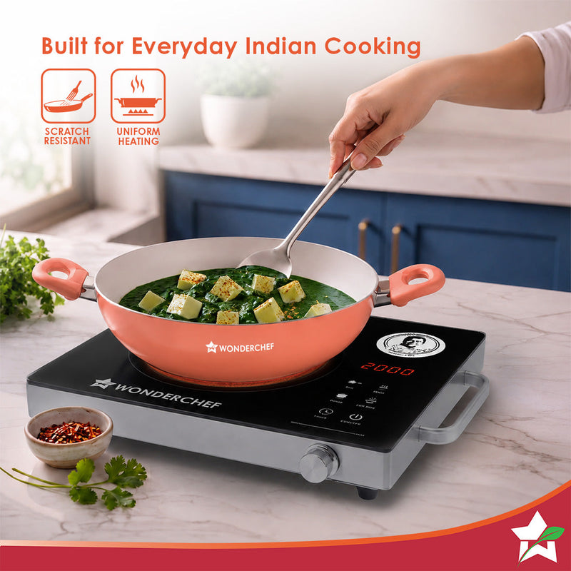 Wonderchef Natura Ceramic Kadhai & Glass Lid for Cooking, 24cm, 2.5L, Non-toxic Chemical-free Coating, PFOA/PFAS-Free, F