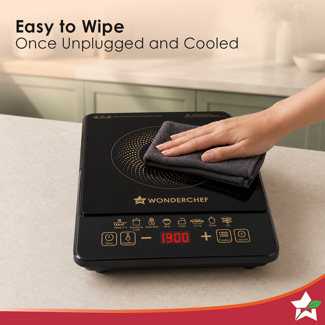 Wonderchef Evita Induction Electric Cooktop with Crystal Glass for Kitchens, 1900W, 8 Pre-set Functions, Keep Warm, Soft