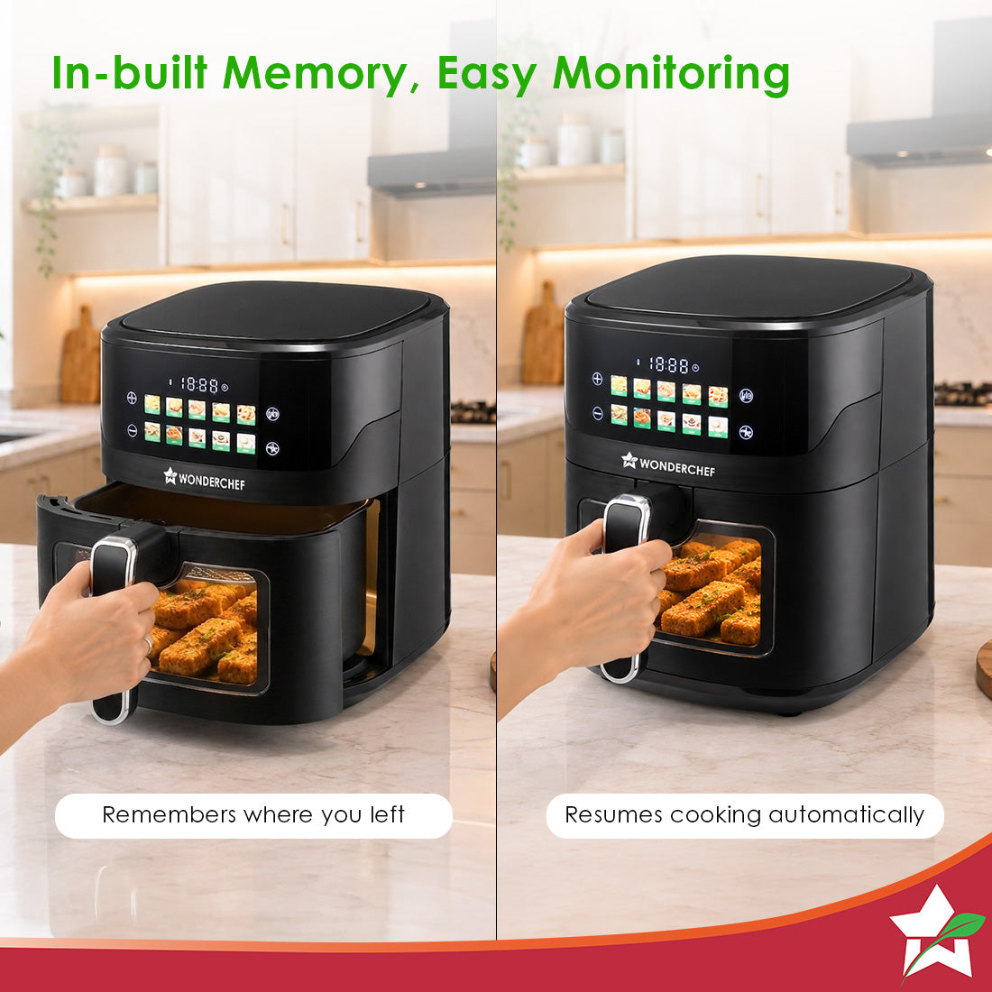 Wonderchef Greenlife Air Fryer with Veg-only Menu and Ceramic-coated Basket, 6.5 L, 1600W, Rapid Hot Air Technology, 10 