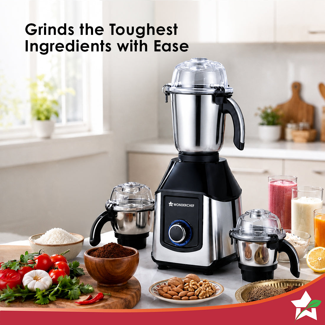 Wonderchef Inox 1000W Mixer Grinder with 3 Stainless-steel Jars, Special Blade for Silbatta Khada Masala Grinding, Minci