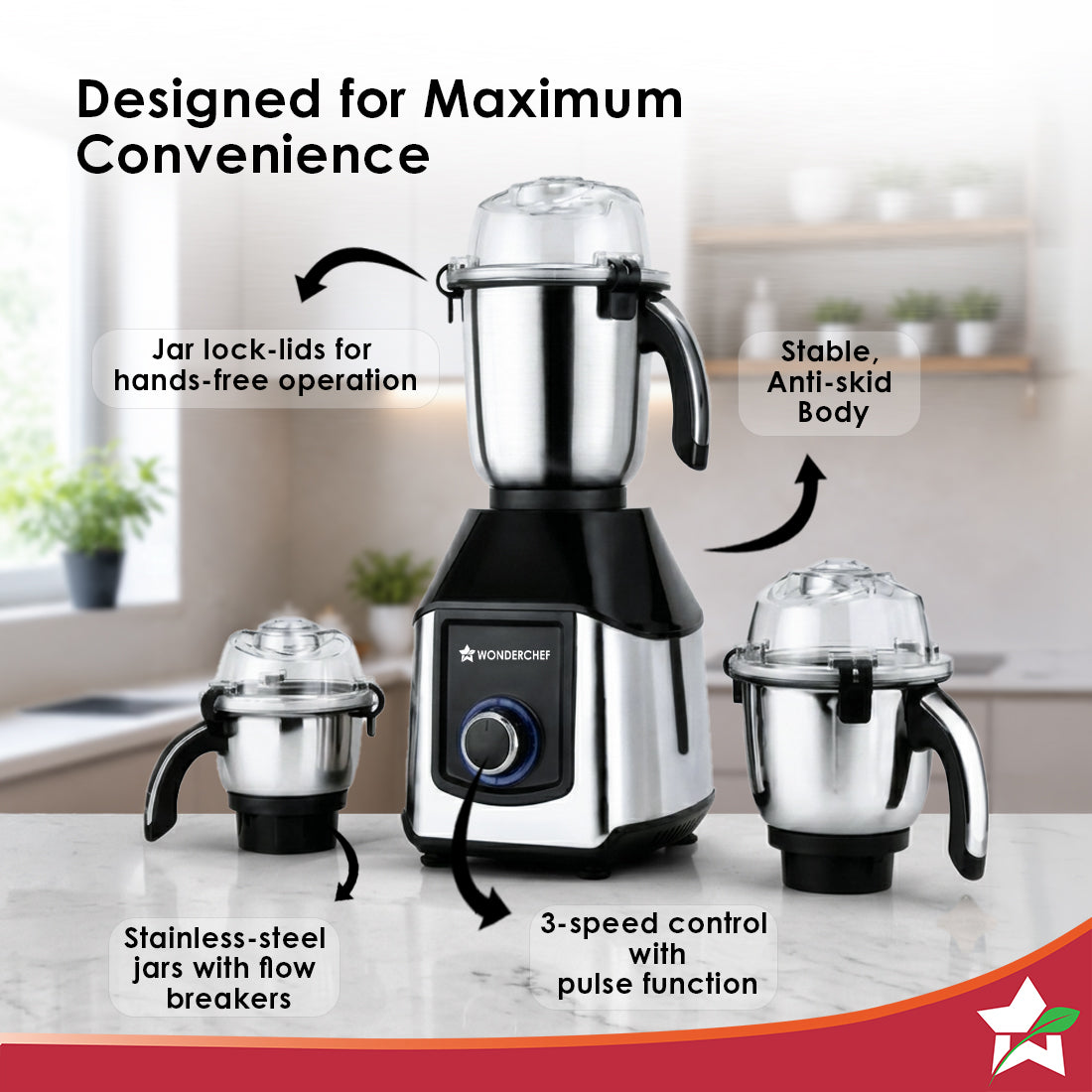 Wonderchef Inox 1000W Mixer Grinder with 3 Stainless-steel Jars, Special Blade for Silbatta Khada Masala Grinding, Minci