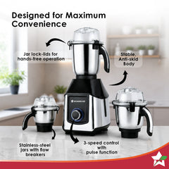Wonderchef Inox 1000W Mixer Grinder with 3 Stainless-steel Jars, Special Blade for Silbatta Khada Masala Grinding, Minci
