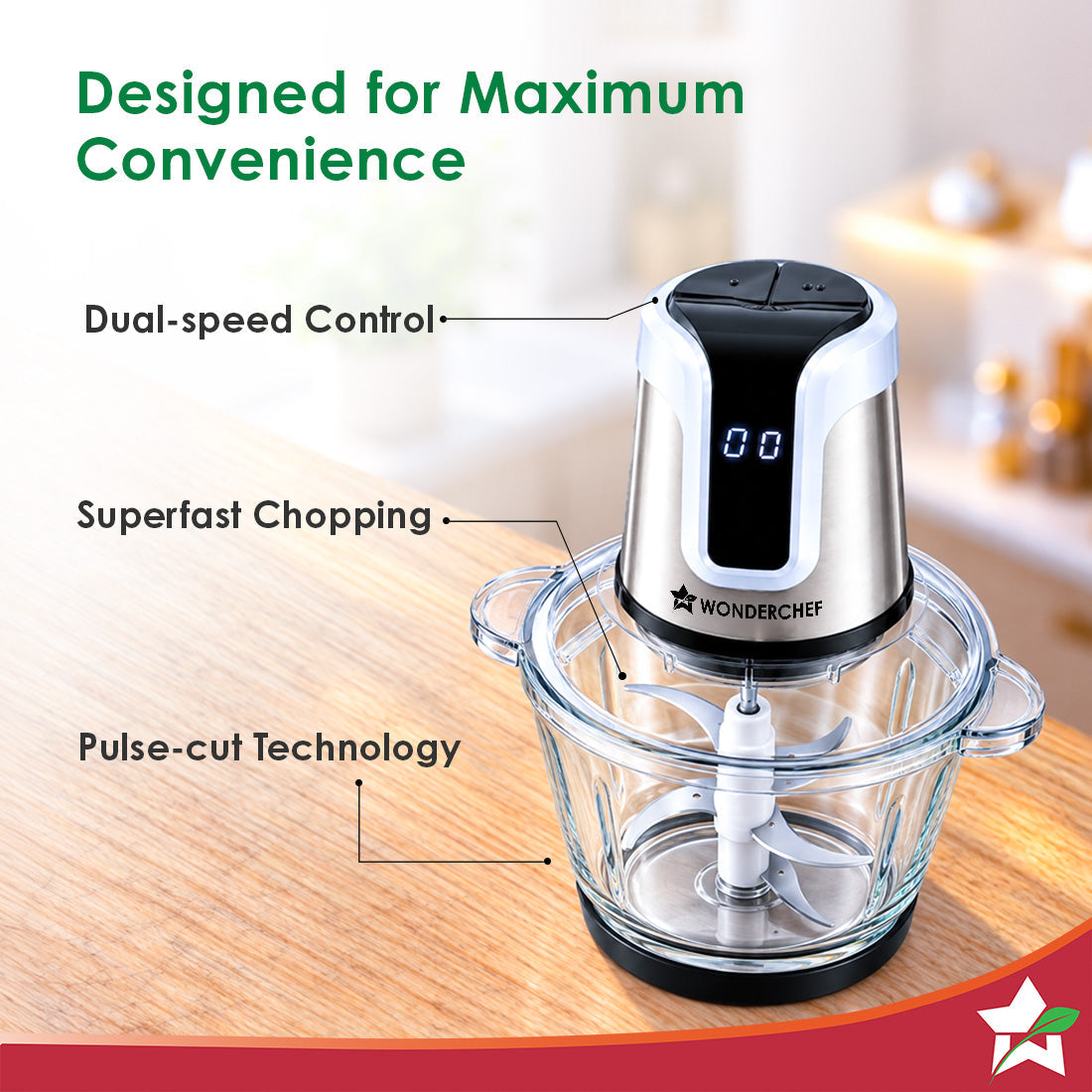 Wonderchef Maestro Digital Electric Chopper, Mincer, for Kitchen, 300W Motor, Sharp Stainless-steel Blades, Whisk Attach