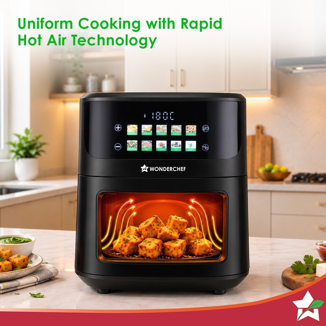 Wonderchef Greenlife Air Fryer with Veg-only Menu and Ceramic-coated Basket, 6.5 L, 1600W, Rapid Hot Air Technology, 10 