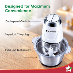 Wonderchef Maestro Electric Chopper and Mincer for Kitchen, 300W Motor, Sharp Stainless-steel Blades and Whisk Attachmen