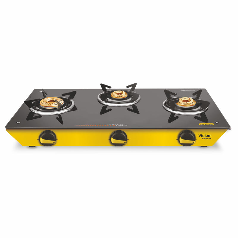 Vidiem Vantage 3 Burner Gas Stove| Manual Ignition | 7mm Thermally Treated Toughened Glass Cooktop | Extra-Large Cooking