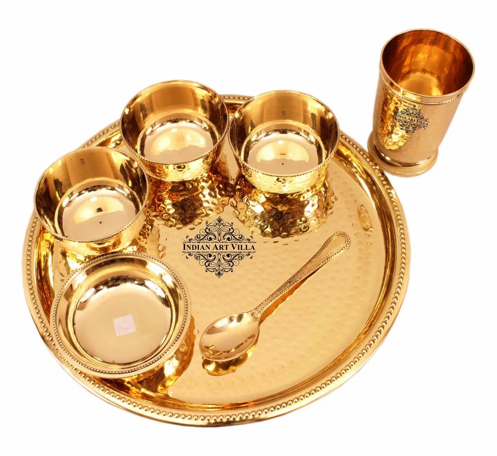 Brass Hammered Dinner Set, Thali Set with Beaded Designer Line, Set of 7 , Dinnerware, Tableware