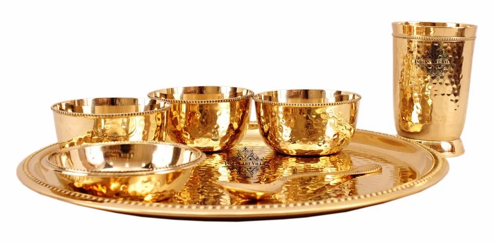 Brass Hammered Dinner Set, Thali Set with Beaded Designer Line, Set of 7 , Dinnerware, Tableware