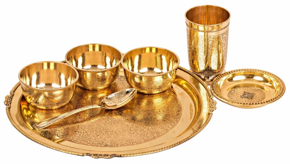 Brass Hammered Dinner Set, Thali Set with Beaded Designer Line, Set of 7 , Dinnerware, Tableware