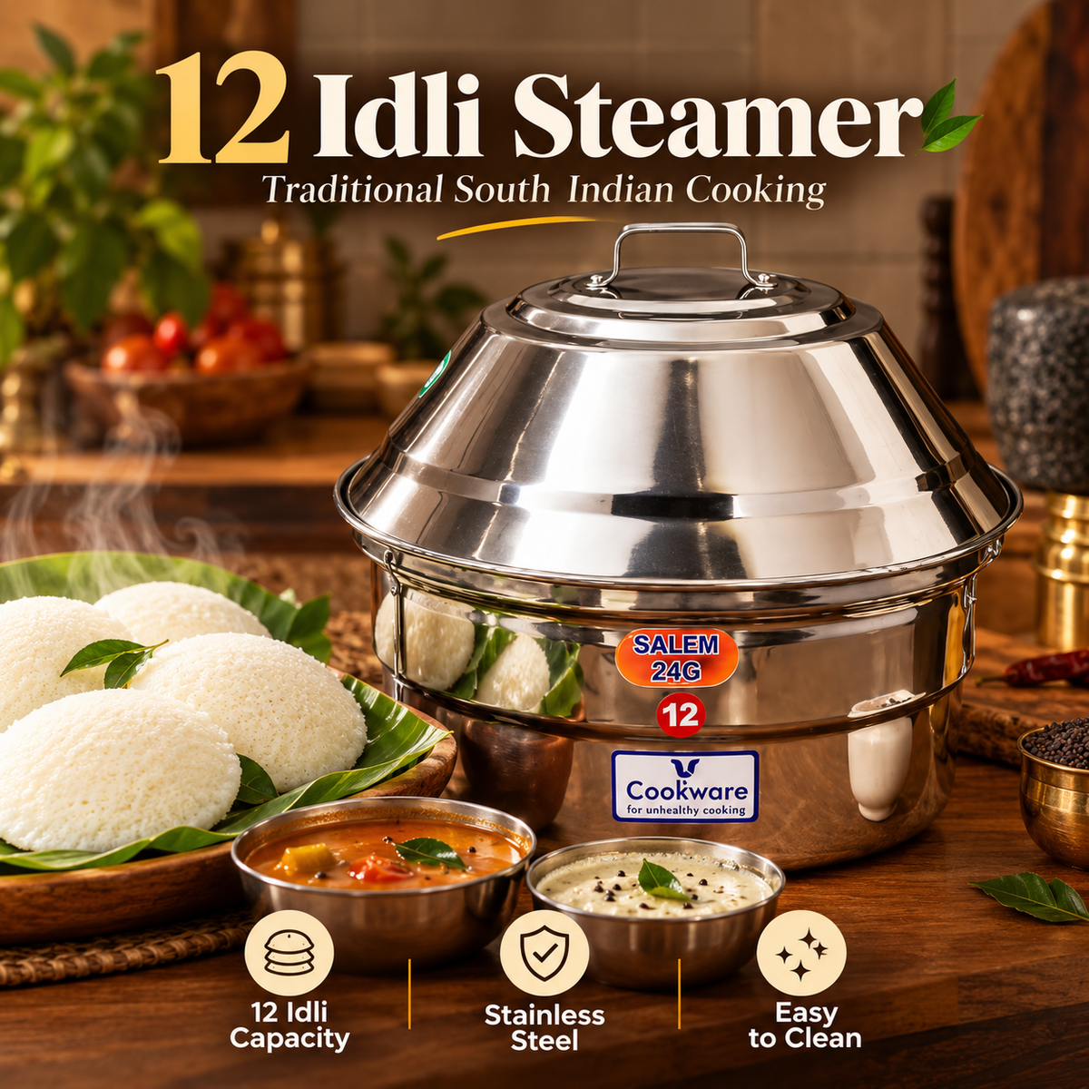 Vcookware Stainless Steel Chettinadu Idli Pot – Traditional Steamer for Soft & Fluffy Idlis