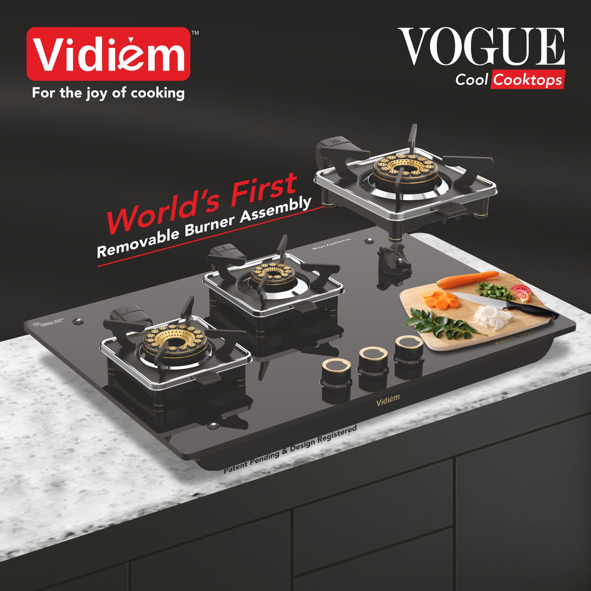 Vidiem Vogue 3-Burner Gas Cooktop/Hob | World's First Fully Removable Burner Assembly | 10Mm Toughened Glass | Hexa Flam