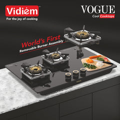 Vidiem Vogue 3-Burner Gas Cooktop/Hob | World's First Fully Removable Burner Assembly | 10Mm Toughened Glass | Hexa Flam