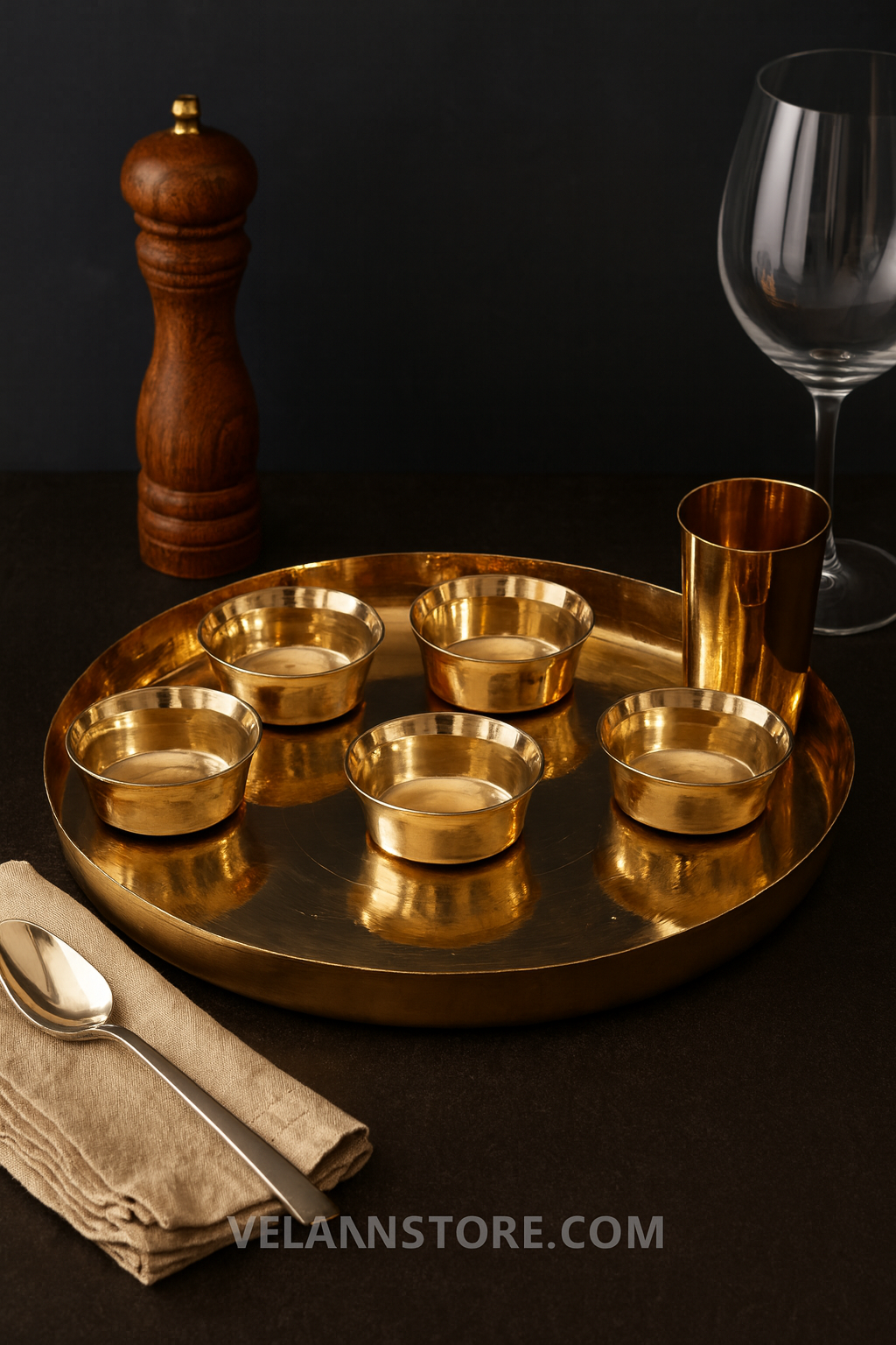 Kansa Dinner Thaali Set (Thaali -13.5") - 8 pieces set (1 pc Thaali, 5 pieces bowls, 1 pc glass, 1 pc spoon)