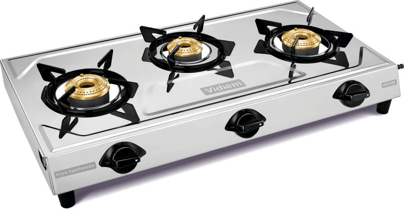 Vidiem Victor Stainless Steel Gas Stove 3 Burner| Brass Burners | Mirror Finish | Large Cooking Space | Anti-Rust | High