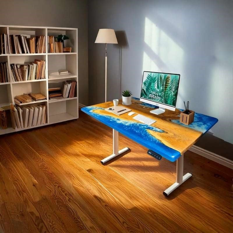 ImperiumX blue beach island standing desk with white legs - 4FT x 2FT