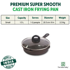 CASTrong Cast Iron Fry Pan/Skillet, Glass Lid, Pre-seasoned, Natural Nonstick, 100% Pure, Induction, 20.3cm, 1.3L, 2.3kg