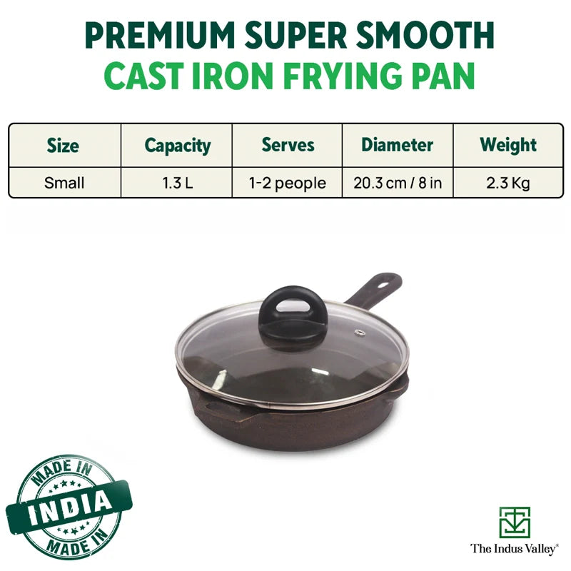 CASTrong Cast Iron Fry Pan/Skillet, Glass Lid, Pre-seasoned, Natural Nonstick, 100% Pure, Induction, 20.3cm, 1.3L, 2.3kg