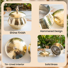 Brass Hammered Design Handi & Inside Tin Lining With Lid