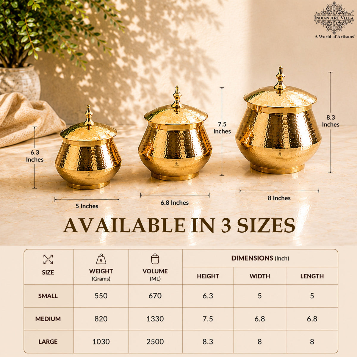 Brass Hammered Design Handi & Inside Tin Lining With Lid
