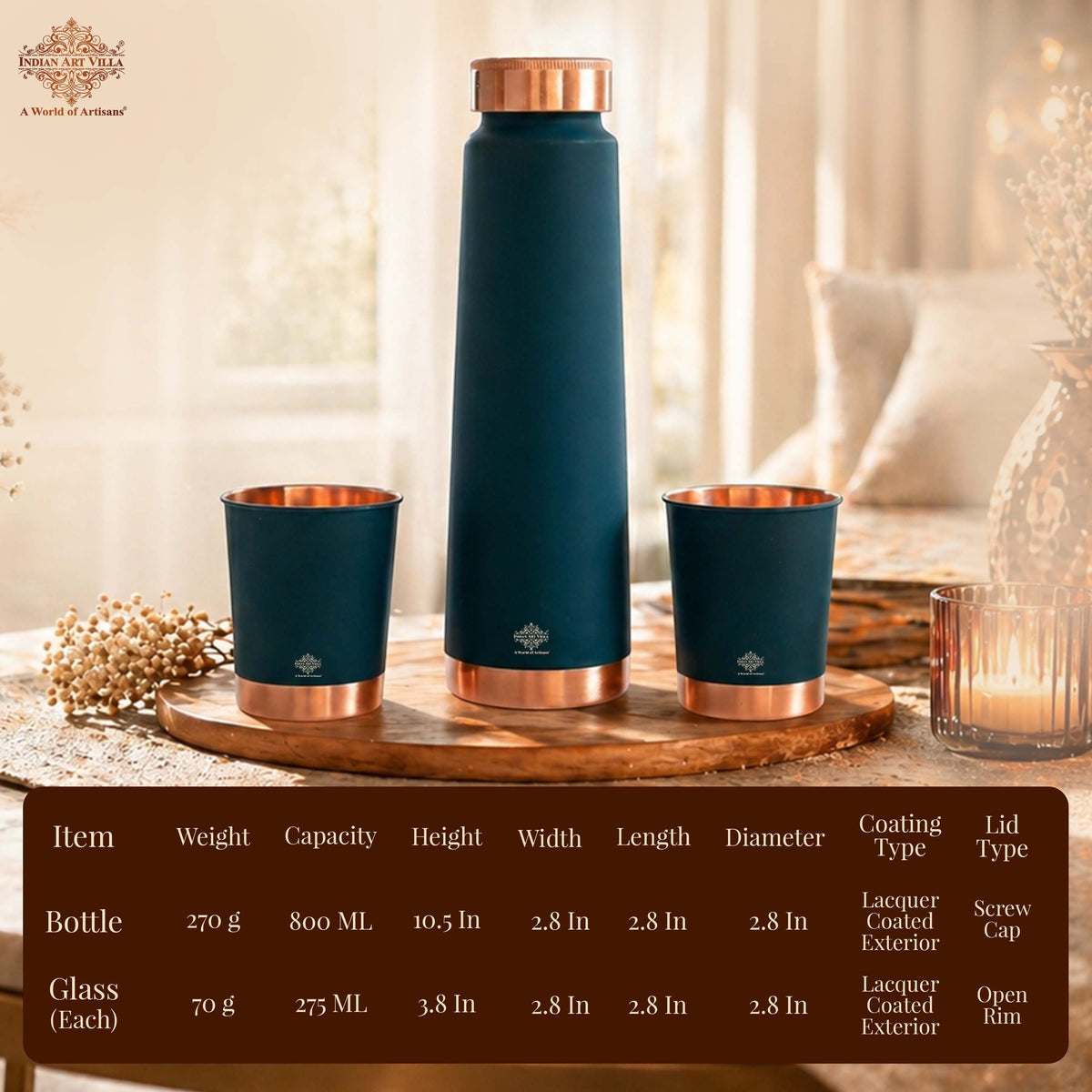Copper Bottle Gift Set with Matt Finish, 800 ML Bottle with 2 Copper Glasses