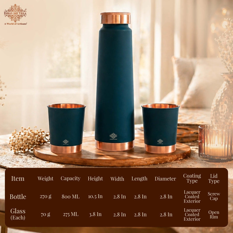 Copper Bottle Gift Set with Matt Finish, 800 ML Bottle with 2 Copper Glasses