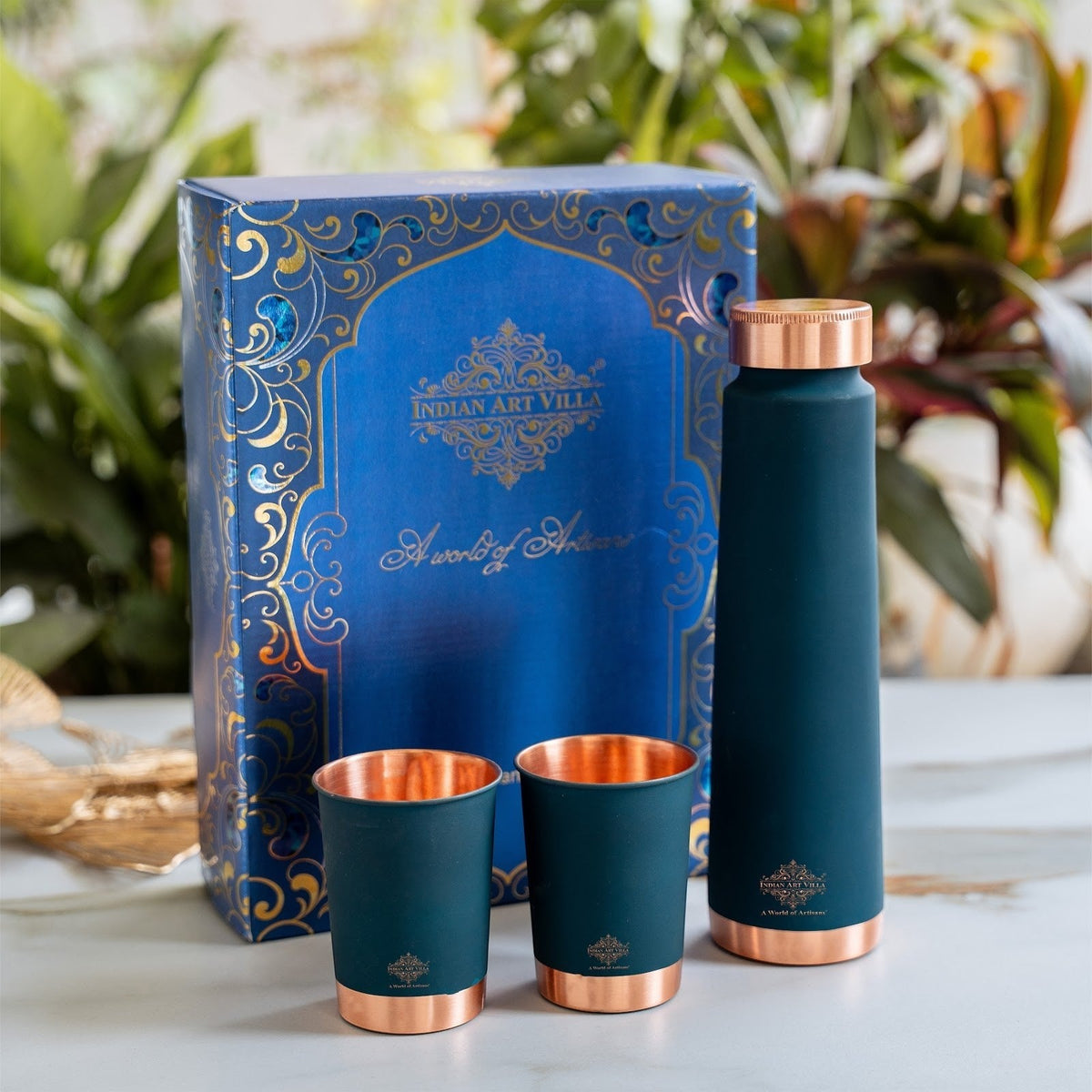Copper Bottle Gift Set with Matt Finish, 800 ML Bottle with 2 Copper Glasses