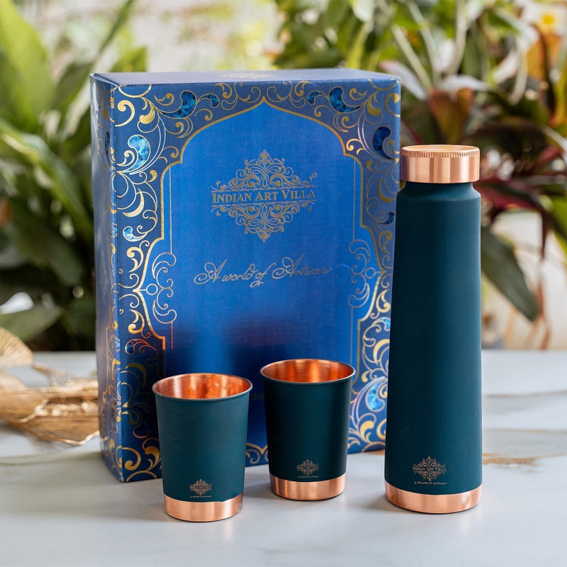 Copper Bottle Gift Set with Matt Finish, 800 ML Bottle with 2 Copper Glasses
