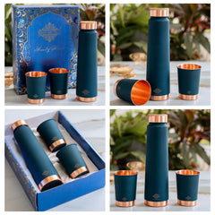 Copper Bottle Gift Set with Matt Finish, 800 ML Bottle with 2 Copper Glasses