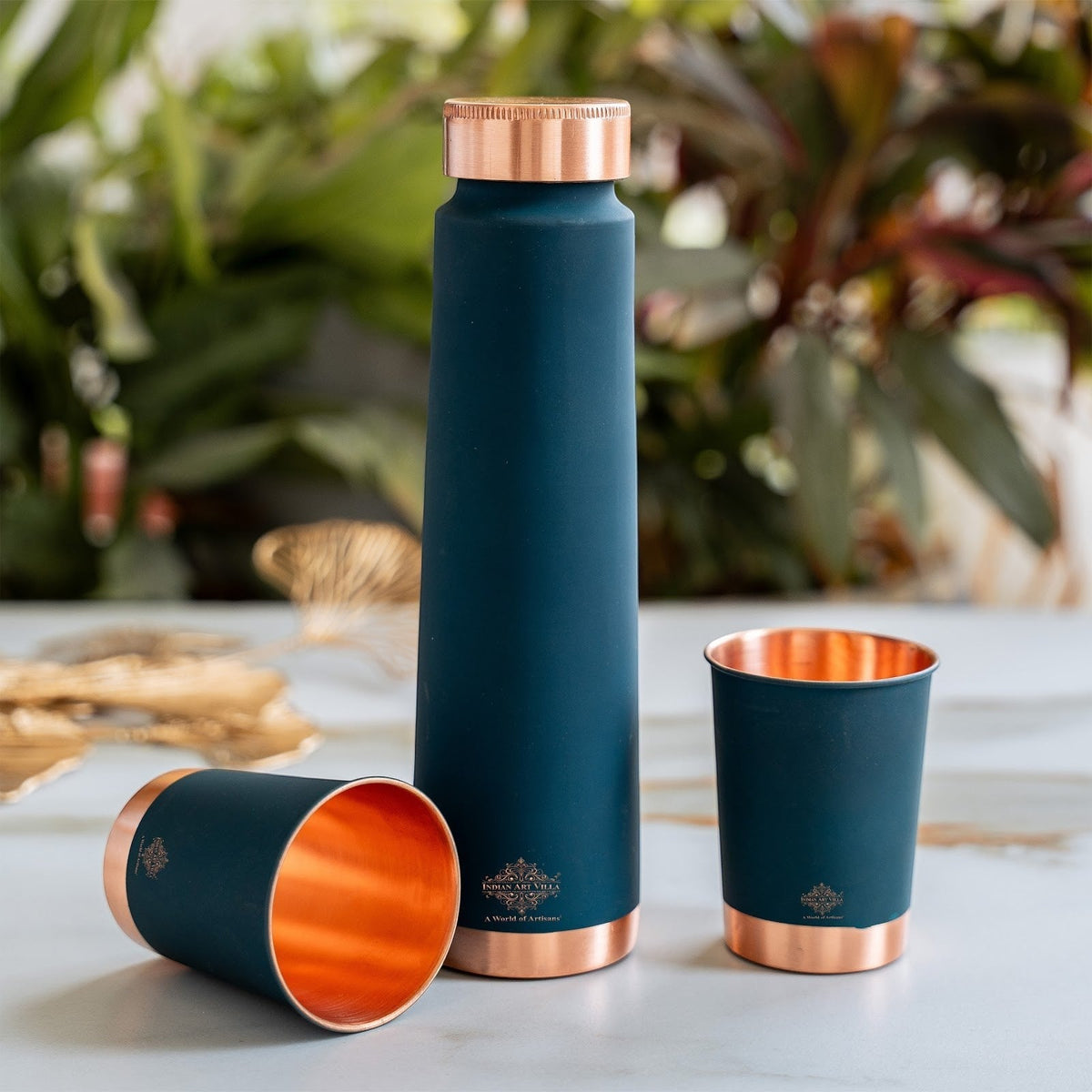 Copper Bottle Gift Set with Matt Finish, 800 ML Bottle with 2 Copper Glasses
