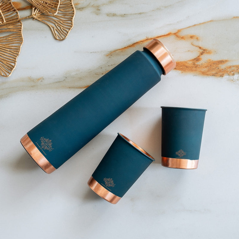Copper Bottle Gift Set with Matt Finish, 800 ML Bottle with 2 Copper Glasses