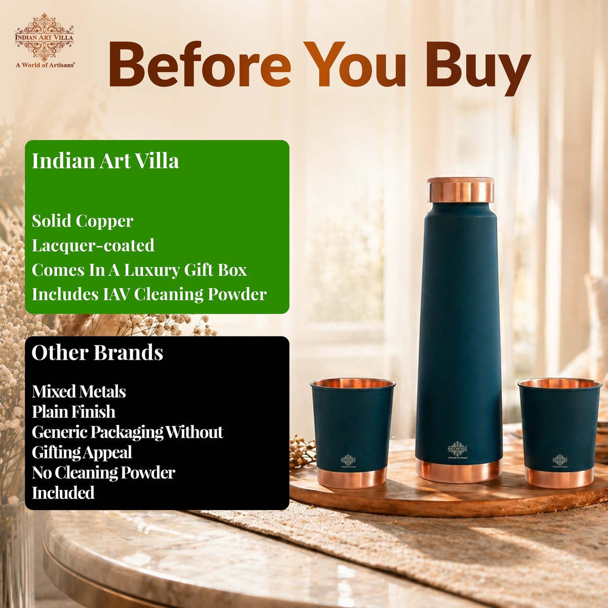 Copper Bottle Gift Set with Matt Finish, 800 ML Bottle with 2 Copper Glasses