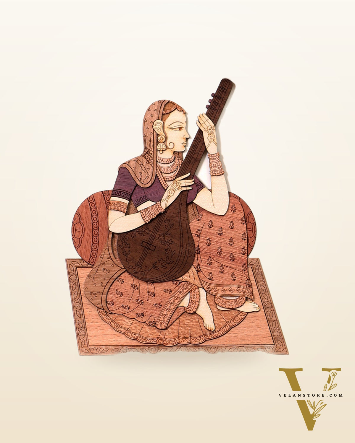 Indian Lady Playing Veena – Handcrafted Wooden 3D Wall Hanging
