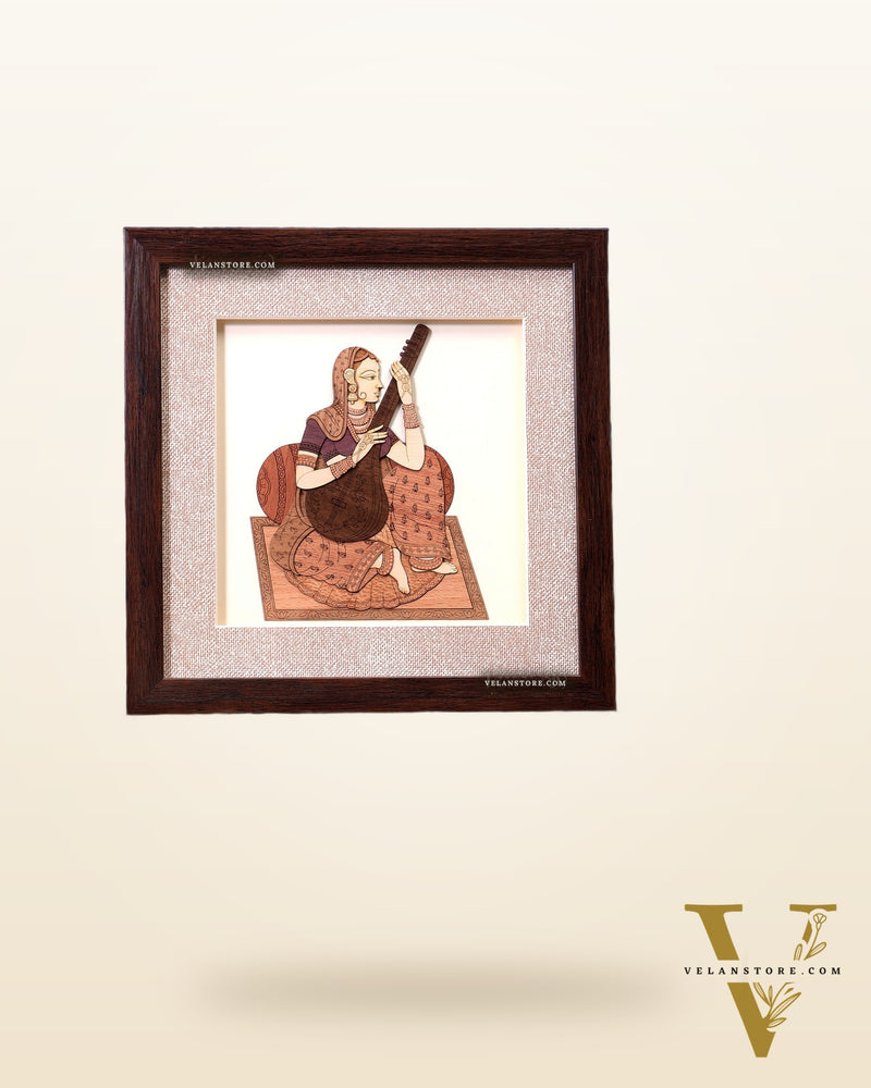 Indian Lady Playing Veena – Handcrafted Wooden 3D Wall Hanging