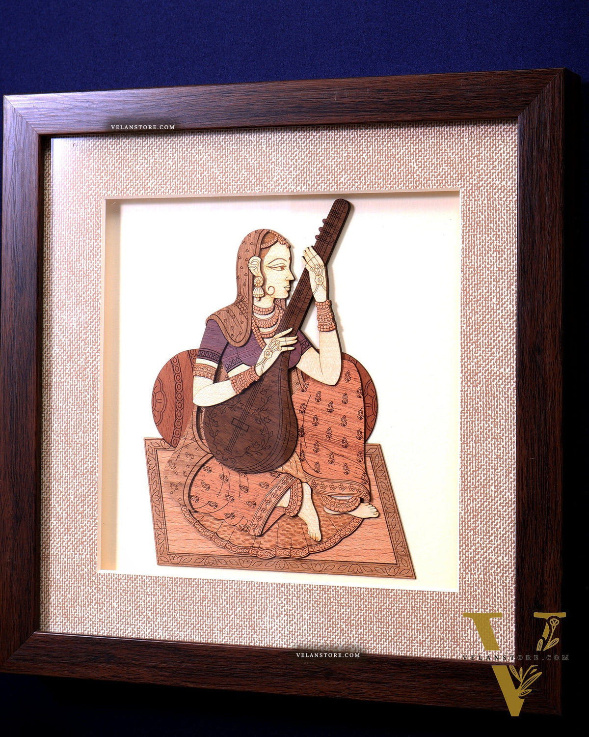 Indian Lady Playing Veena – Handcrafted Wooden 3D Wall Hanging