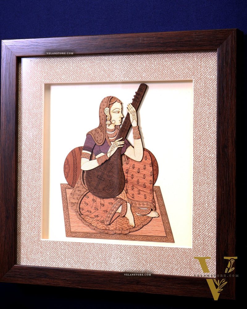 Indian Lady Playing Veena – Handcrafted Wooden 3D Wall Hanging