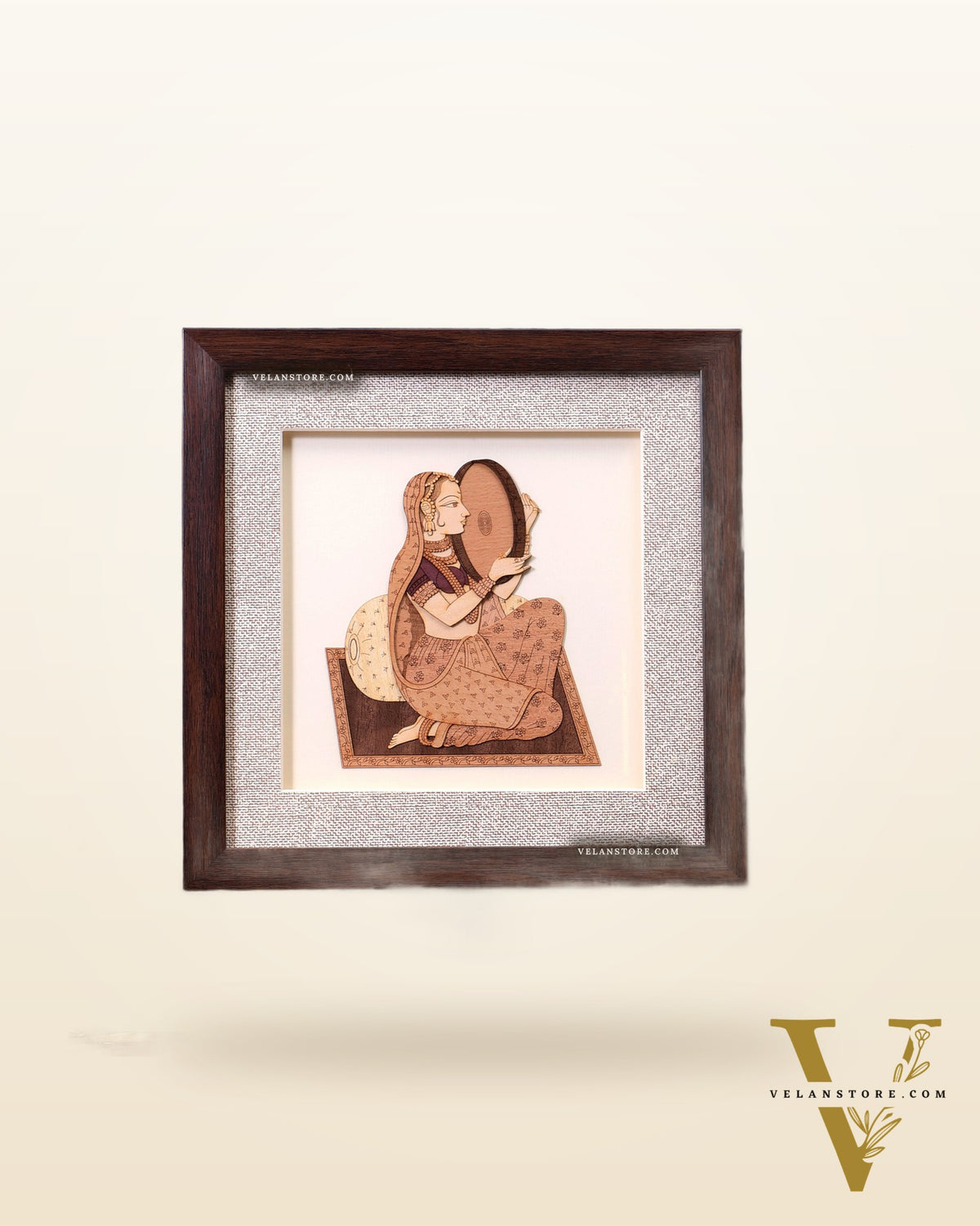 Indian Woman Playing Dafali – 3D Wooden Wall Art with Glass Frame