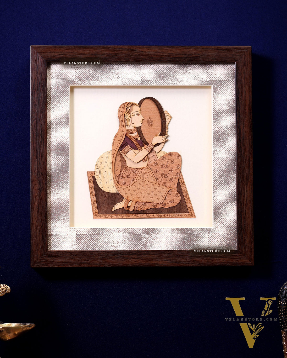 Indian Woman Playing Dafali – 3D Wooden Wall Art with Glass Frame