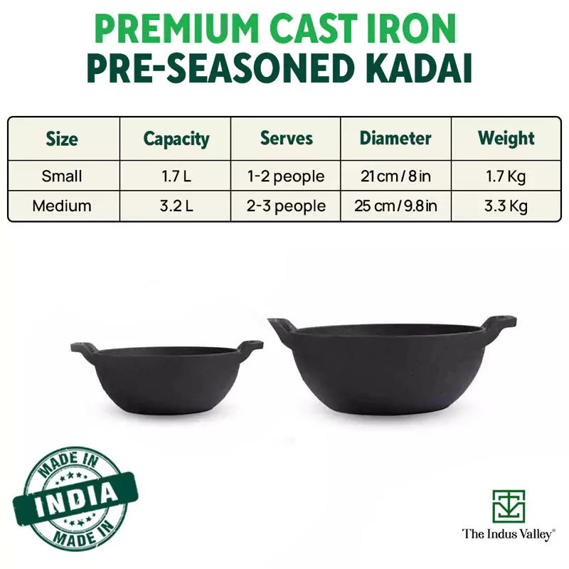 CASTrong Cast Iron Kadai, Pre-seasoned, Nonstick, 100% Pure, Toxin-free, Induction, 21/25cm, 1.7L/3.3kg