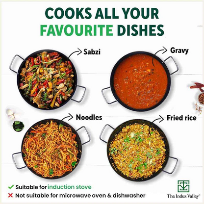 100% Pure Sheet Iron Kadai, Seasoned, Toxin-free, 1.4/2.7/4.4L, 0.6/0.9/1.4kg