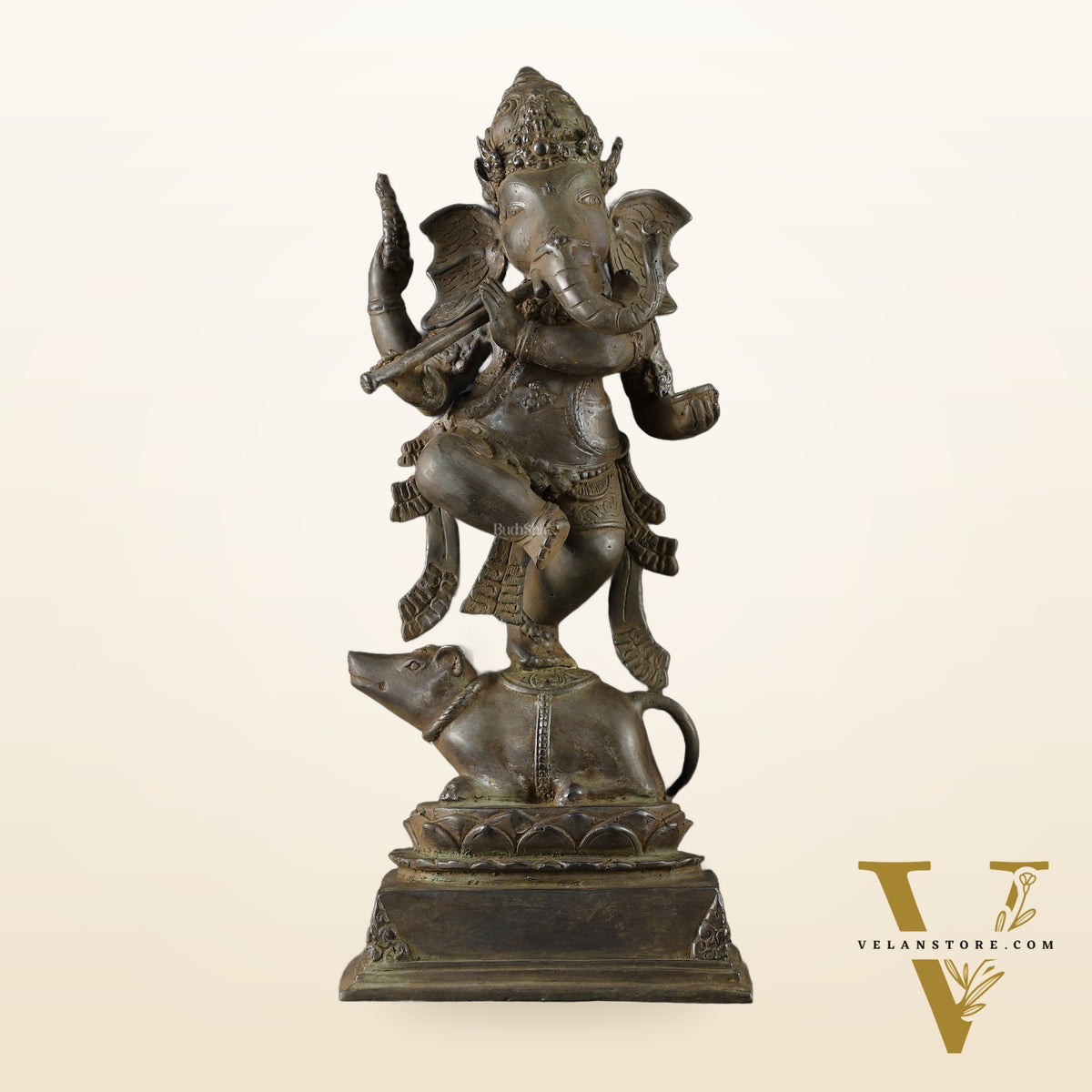 Indonesian Bronze Dancing Ganesha Playing Flute on Mooshak | Lost Wax Casting | 16.5"