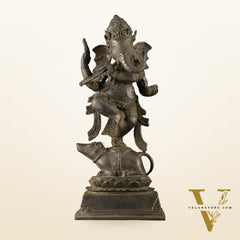 Indonesian Bronze Dancing Ganesha Playing Flute on Mooshak | Lost Wax Casting | 16.5"