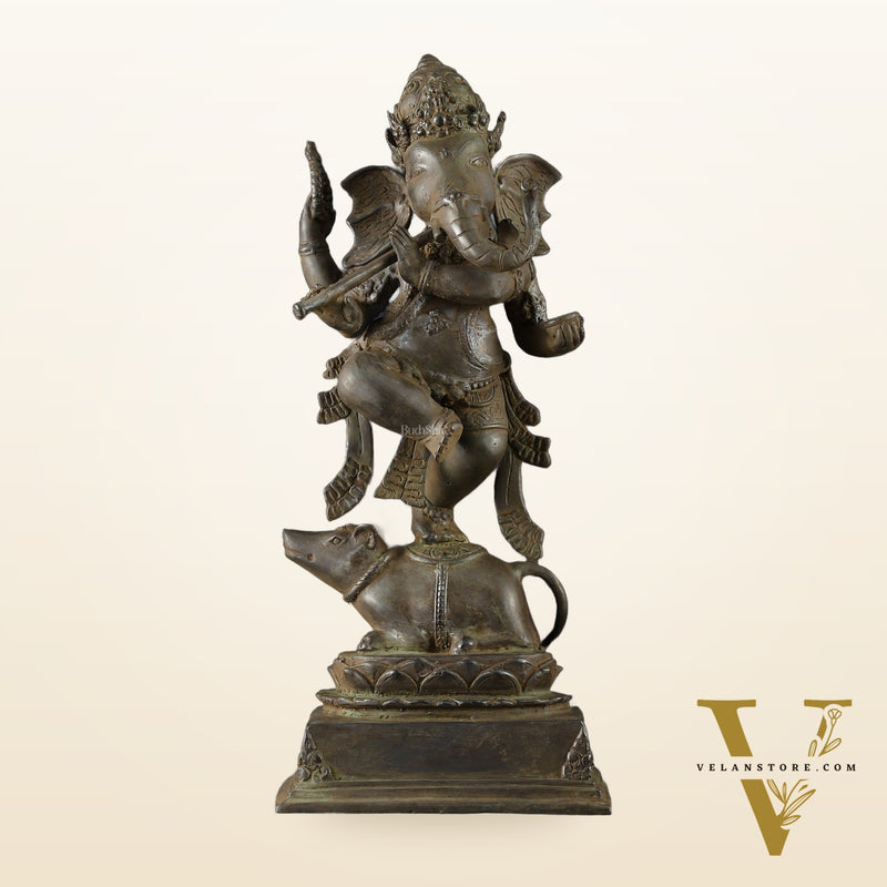 Indonesian Bronze Dancing Ganesha Playing Flute on Mooshak | Lost Wax Casting | 16.5"
