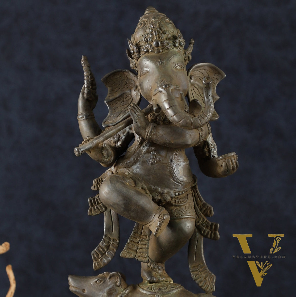 Indonesian Bronze Dancing Ganesha Playing Flute on Mooshak | Lost Wax Casting | 16.5"