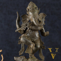 Indonesian Bronze Dancing Ganesha Playing Flute on Mooshak | Lost Wax Casting | 16.5"