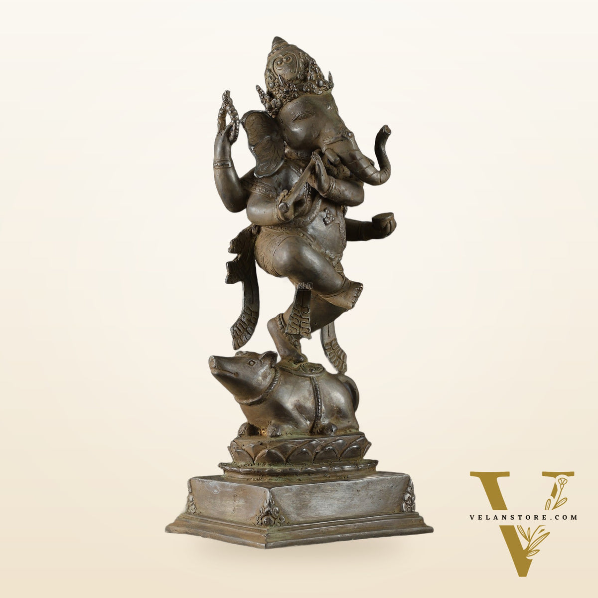 Indonesian Bronze Dancing Ganesha Playing Flute on Mooshak | Lost Wax Casting | 16.5"