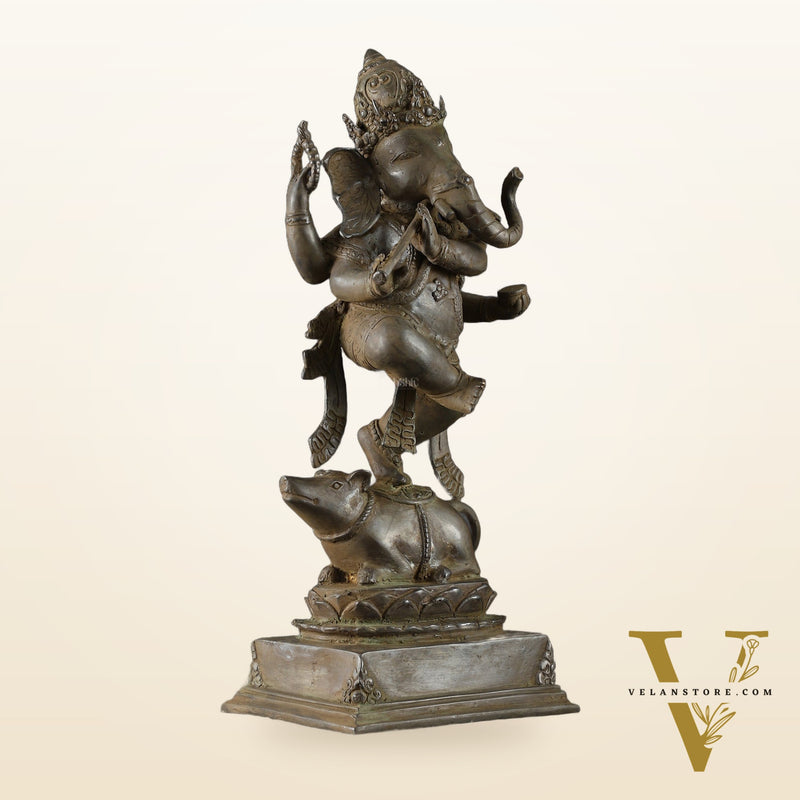 Indonesian Bronze Dancing Ganesha Playing Flute on Mooshak | Lost Wax Casting | 16.5"