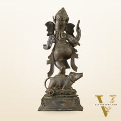 Indonesian Bronze Dancing Ganesha Playing Flute on Mooshak | Lost Wax Casting | 16.5"