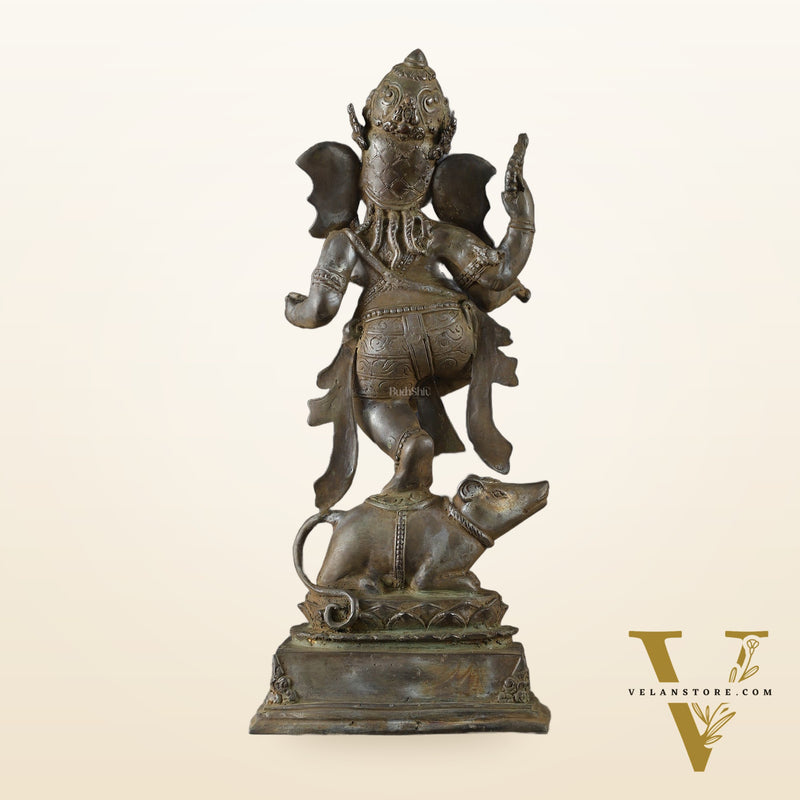Indonesian Bronze Dancing Ganesha Playing Flute on Mooshak | Lost Wax Casting | 16.5"