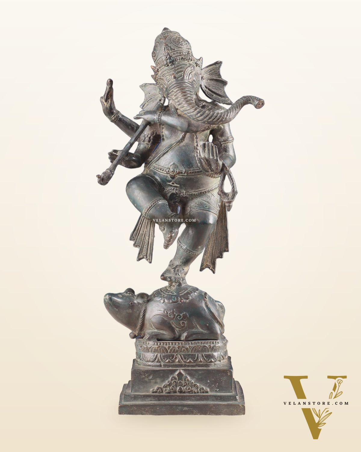 Indonesian Bronze Dancing Ganesha Playing Flute on Mooshak statue | Lost Wax Casting | 16.5"